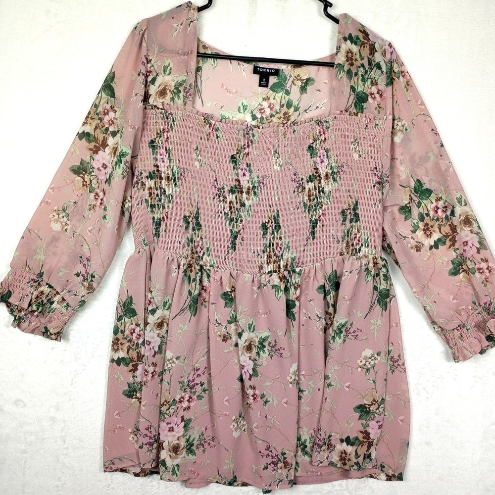 torrid Pink Floral Smocked Babydoll Blouse